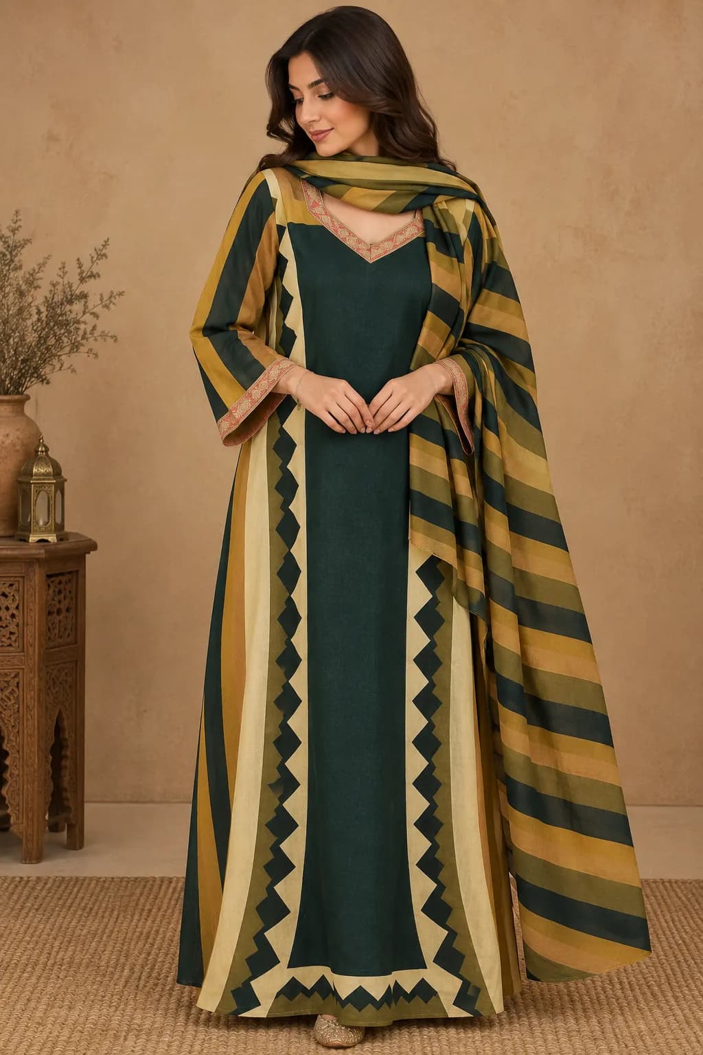 Cotton Dress + Scarf Green Model4
