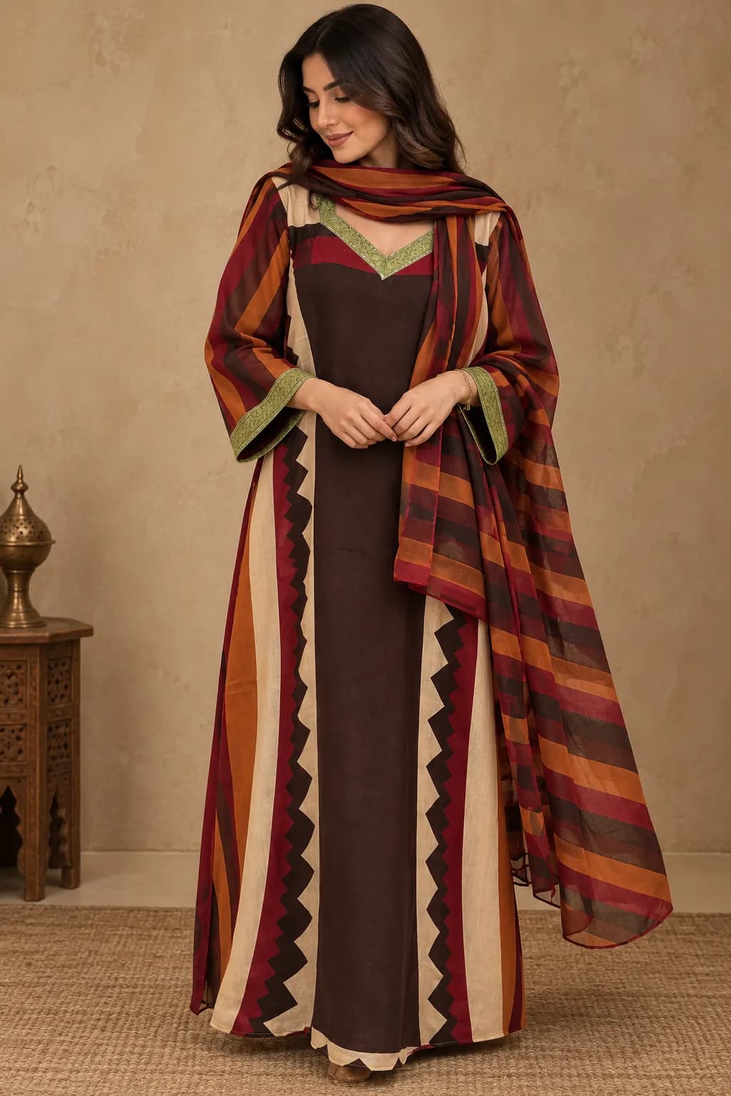 Cotton Dress + Scarf Dark Brown Model4