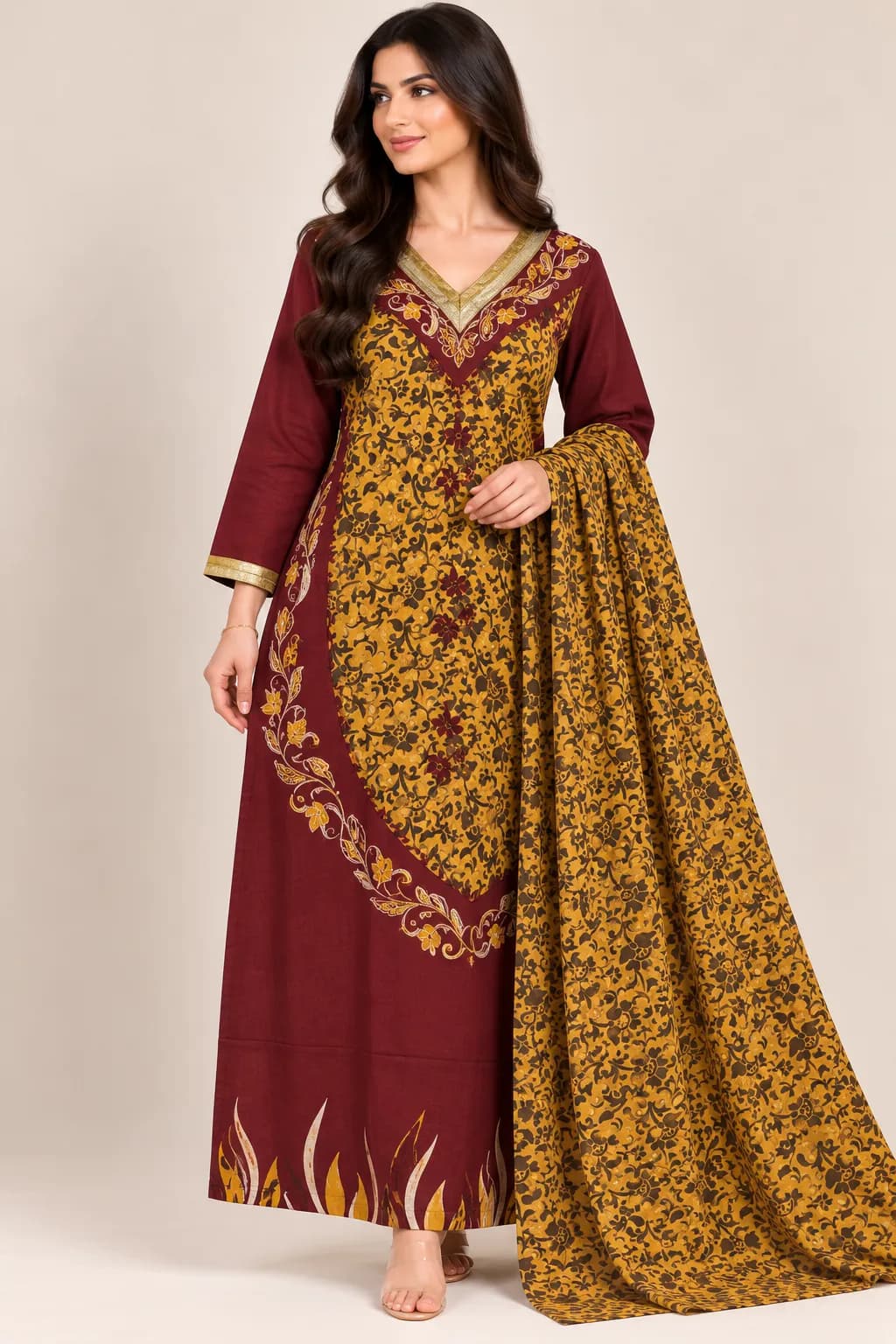Cotton Dress + Scarf Light Brown Model3
