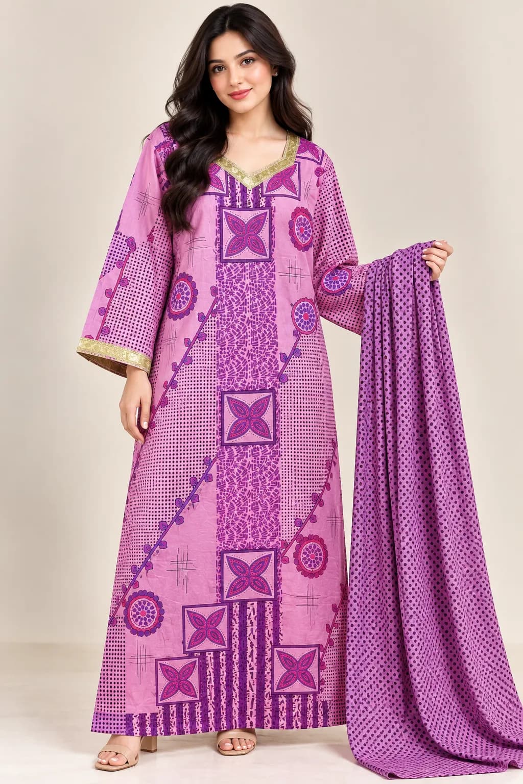 Cotton Dress + Scarf Purple Model2
