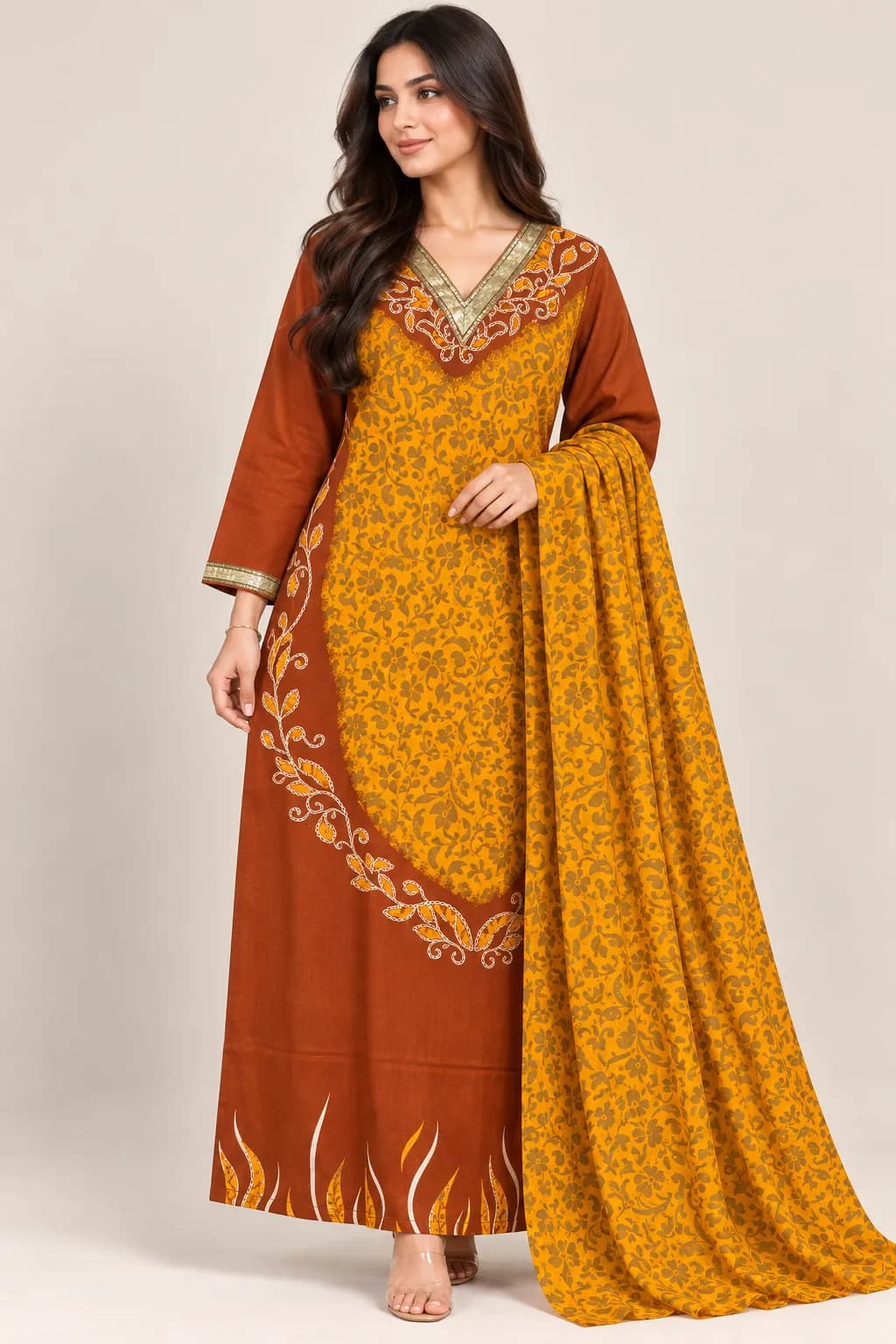 Cotton Dress + Scarf Yellow Model3