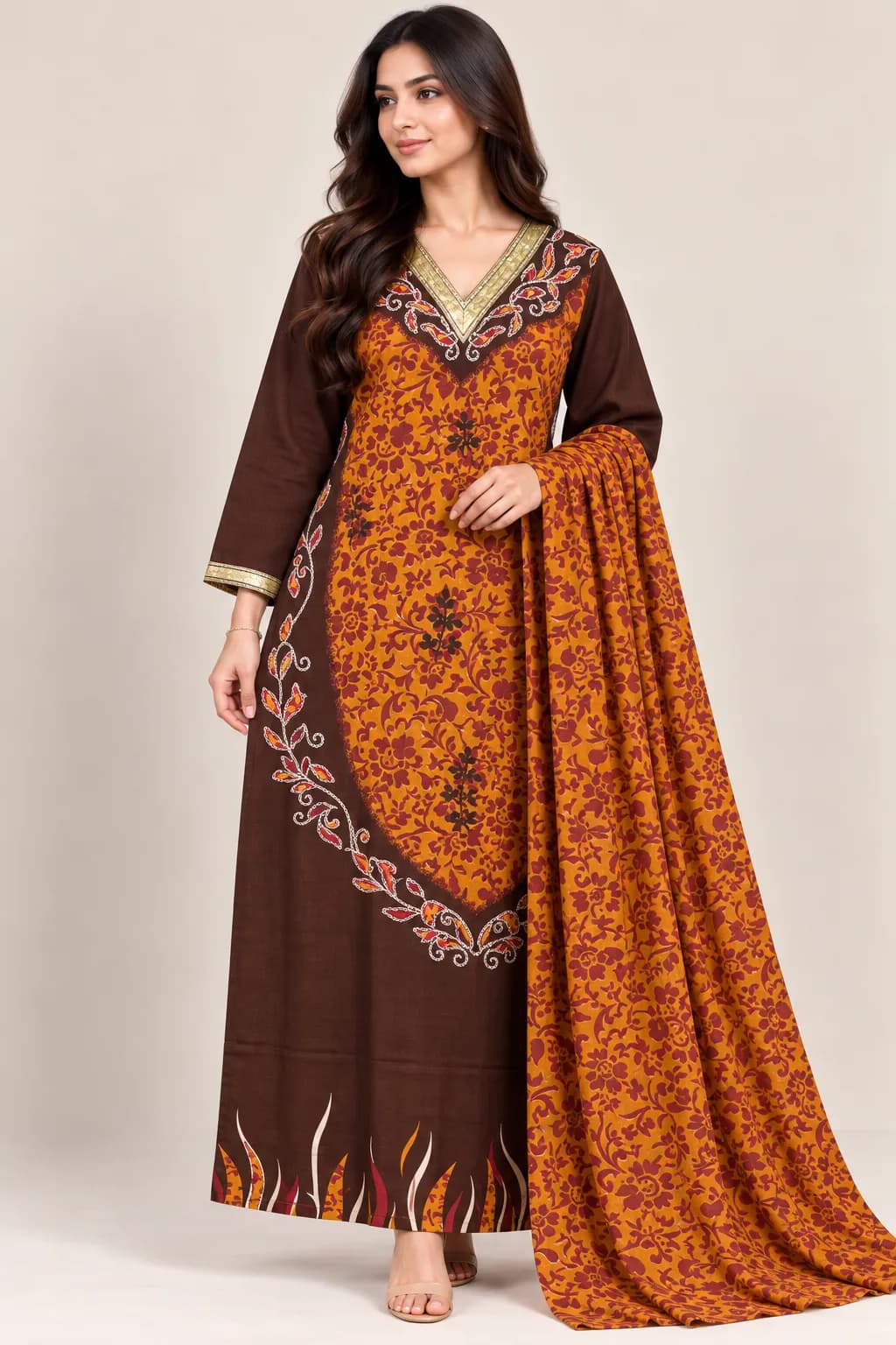 Cotton Dress + Scarf Dark Brown Model3